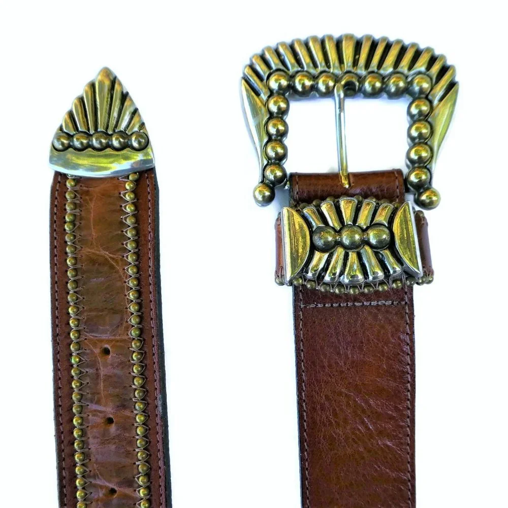 Vintage Italian Brown Leather Belt Silver Goldtone Buckle Loop Tip Hardware USA